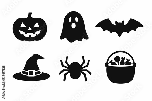 Halloween icons: pumpkin, ghost, bat, witch hat, spider, candy basket silhouettes