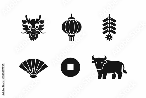 Icon set featuring dragon lantern fan coin ox and leaf with star