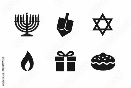 Hanukkah symbols: menorah, dreidel, star of david, candle, gift, doughnut icons