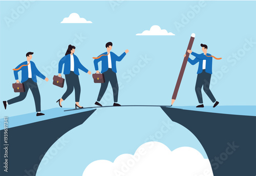 Flat illustration of businessman manager draw bridge to help team member cross cliff to success