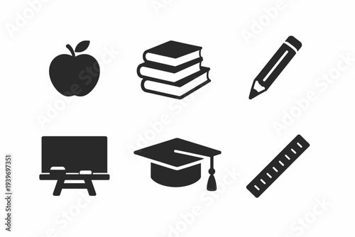 Educational icons: apple, books, pencil, blackboard, graduation cap, ruler