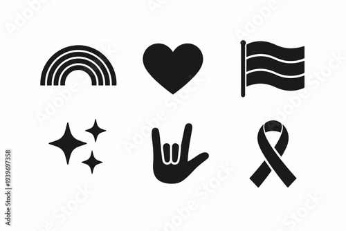 Symbols of love, pride, and support: rainbow, heart, flag, stars, love hand, ribbon