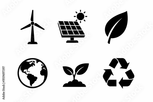 Renewable energy and sustainability icons: wind, solar, leaf, earth, plant, recycle