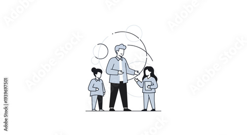 Adult teaching two children a creative project flat line art illustration.