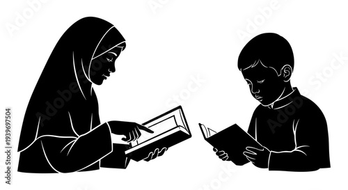 Black and white vector illustration of a Muslim woman wearing a hijab teaching a young boy to read from a book, symbolizing education and learning.