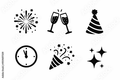 Celebration icons: fireworks, toasting glasses, party hat, clock, confetti, and sparkles