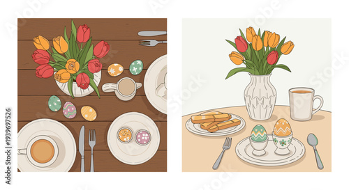 Easter Holiday Table Setting Vector Illustration Set with Spring Tulip Bouquet, Decorated Eggs, Coffee, and Breakfast Food, Top View and Side View