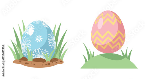 Set of 2 Decorative Easter Eggs Vector Illustrations with Spring Grass, Featuring Blue Egg with White Flowers and Pink Egg with Yellow Zigzags, Perfect for Holiday Designs