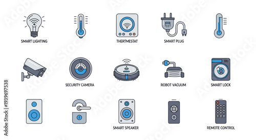 Collection of smart home technology icons representing modern convenience and automation.