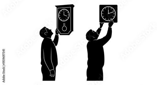 Silhouettes of two men hanging different wall clocks, one a pendulum clock and the other a square clock, representing time management and scheduling concepts vector
