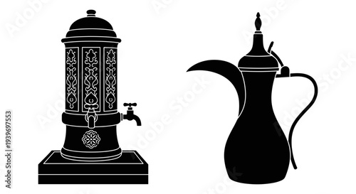 Traditional Middle Eastern Coffee and Tea Pots Vector Set: Ornate Dallah and Samovar Silhouettes for Cultural Beverage Graphics