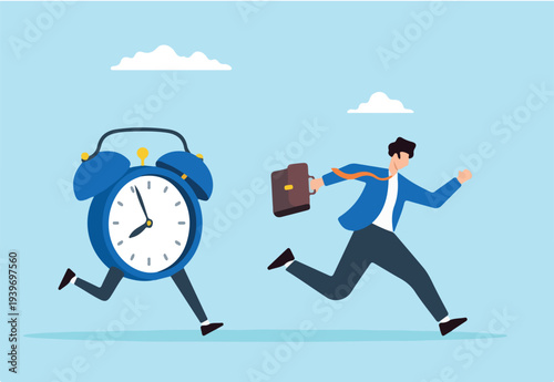 Flat illustration of frustrated businessman run in hurry from clock time symbolizing work late and deadline pressure