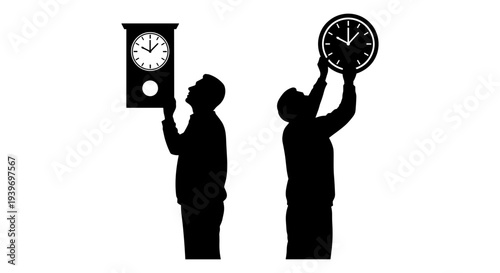 Silhouettes of two men holding different clocks, one a wall clock and the other a round clock, symbolizing time management, deadlines, and scheduling in a vector format for business concepts.