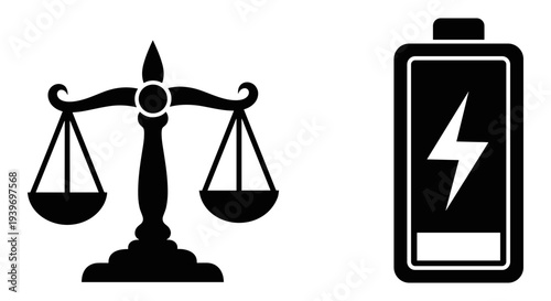 Black and white vector icons featuring a classic balance scale and a charging battery, ideal for legal, energy, power, or justice concepts in web design and presentations.