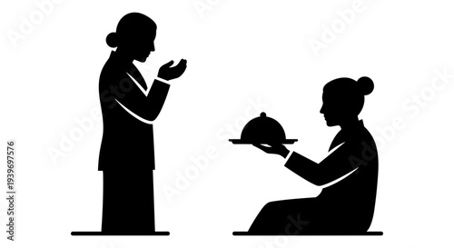 Black and white vector illustration of a kneeling server presenting a cloche-covered dish to a standing customer, depicting restaurant service or hospitality concept.