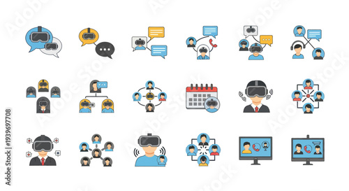 Flat Design Technology Communication and Virtual Reality Icon Set for Digital Connectivity.