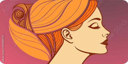 Stylish woman portrait with flowing hair in modern flat design. Feminine beauty vector illustration perfect for fashion, cosmetics, lifestyle branding, and women empowerment themes.