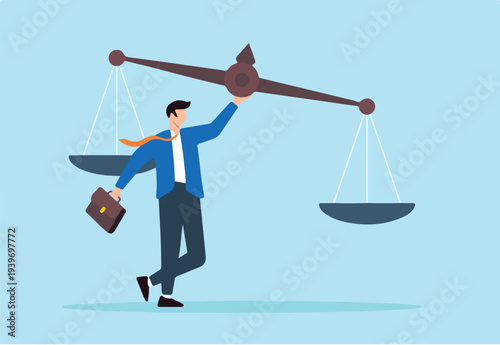Flat illustration of confident businessman lift ethical balance scale symbolizing principle and business ethics