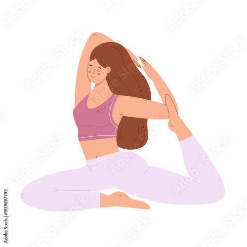 Young female practicing yoga. Woman in Eka Pada Rajakapotasana or Pigeon pose isolated on white background. Design element for fitness, health and wellness lifestyle.