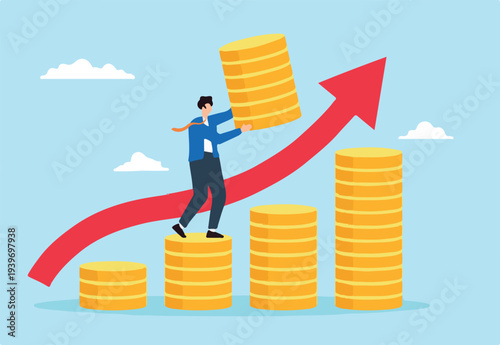 Flat illustration of businessman increase money stack with graph arrow up investment growth financial success compound interest capital gain profit pension fund wealth accumulation