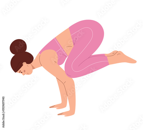 Young female practicing yoga. Woman in Bakasana or Crow pose arm balance isolated on white background. Design element for fitness, strength and wellness lifestyle.