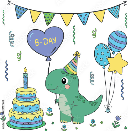 Cute Cartoon Dinosaur Character Celebrating Birthday with Tiered Cake and Balloons