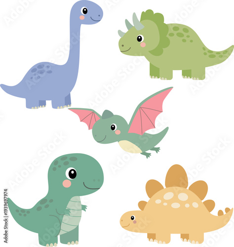 Vector Set of Cute Cartoon Dinosaurs Including Brachiosaurus, Triceratops and Pterodactyl