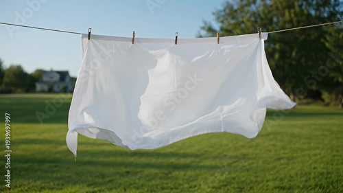 White Sheet Drying on Clothesline in Green Lawn, Countryside Setting