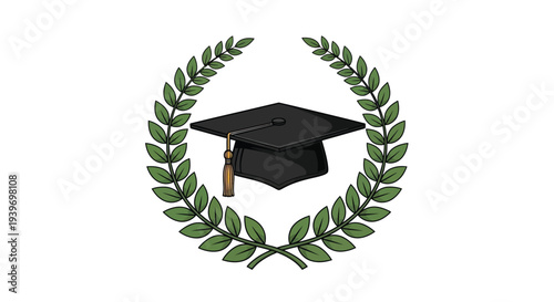 Illustration of a black graduation cap centered within a symmetrical green laurel wreath emblem