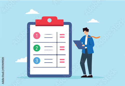 Flat illustration of project manager businessman organizing task by priority on clipboard work management planner