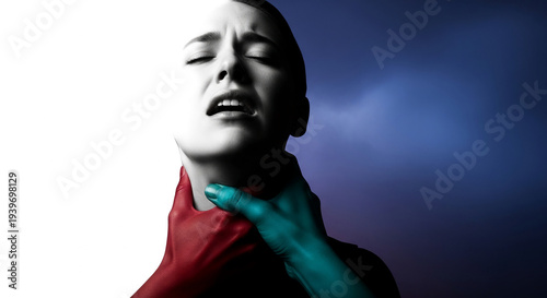 Close-up of a person's face in distress with hands of different colors around the neck, representing powerlessness, pressure, or control and violence