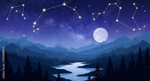 Night Sky with Constellations and Bright Moon.