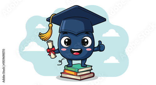 Cute cartoon student character celebrating academic achievement with a diploma and graduation cap.
