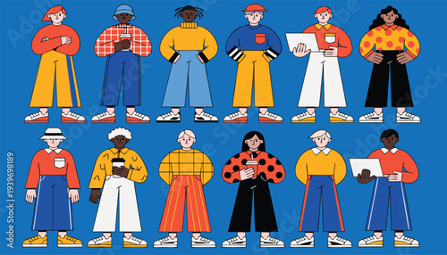 Diverse group of twelve people standing in two rows on blue background