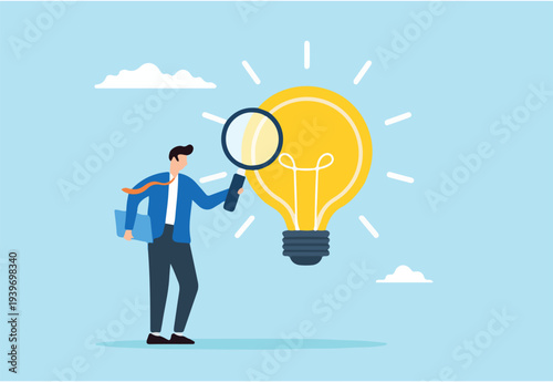 Flat illustration businessman analyze glowing lightbulb idea with magnifier checking and validate business viability