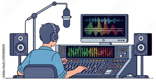 Music Producer Working in Recording Studio with Microphone