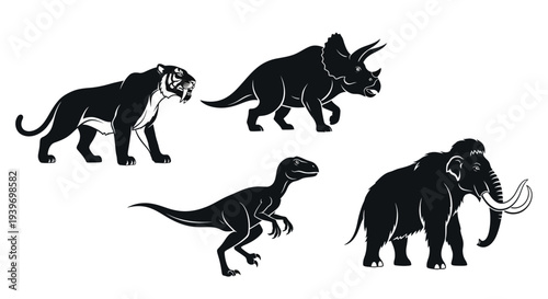 Prehistoric Animal Silhouettes: Dinosaur and Ice Age Mammal Collection