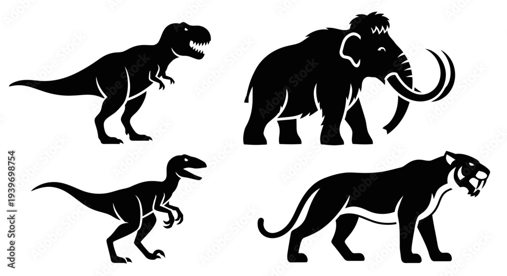 Naklejka premium Prehistoric Animal Silhouettes: Dinosaurs and Ice Age Mammals Collection