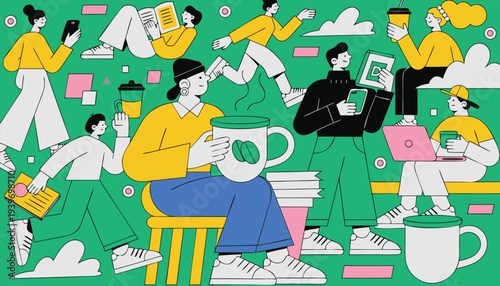 People enjoying coffee and working remotely with laptops and devices