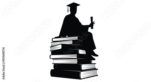 Proud graduate in cap and gown sitting on stacked books, holding a diploma, celebrating achievement