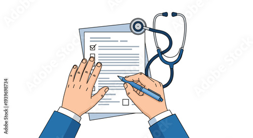 A person's hands are actively filling out a medical checklist on a stack of forms with a blue pen beside a stethoscope on a white desk.