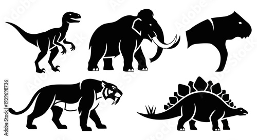 Prehistoric Animals Silhouettes Set: Dinosaurs, Mammoth, Saber-toothed Tiger Vector Icons