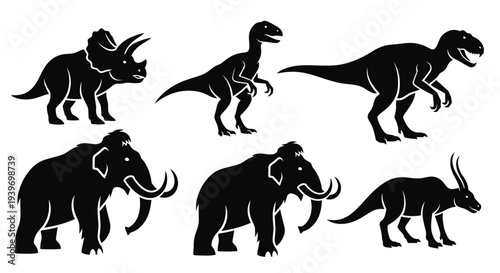 Prehistoric Animals Silhouettes Set: Dinosaurs, Mammoths, and Ancient Beasts