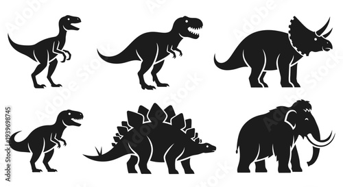 Prehistoric Animals Silhouettes Set: Dinosaurs, Mammoth, T-Rex, Triceratops Vector Icons