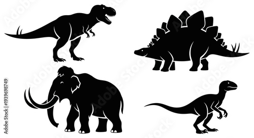 Prehistoric Animal Silhouettes: Dinosaur, Stegosaurus, Mammoth, and Velociraptor Icons