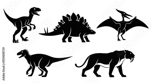 Prehistoric Animals Silhouettes Set: Dinosaurs, Pterodactyl, and Saber-toothed Tiger Icons