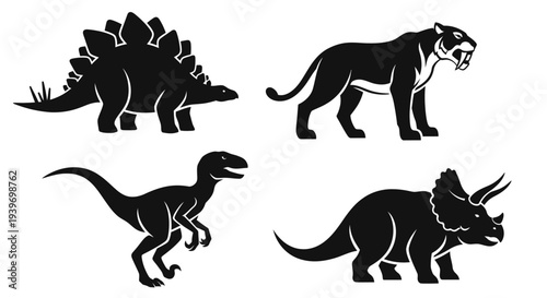 Prehistoric Animals Silhouettes Set: Stegosaurus, Triceratops, Velociraptor, Saber-tooth Tiger Icons