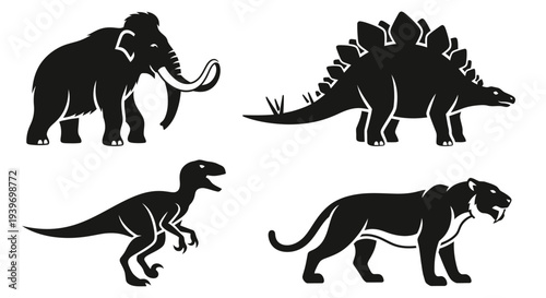 Prehistoric Animals Silhouettes Set: Mammoth, Stegosaurus, Velociraptor, and Saber-toothed Tiger