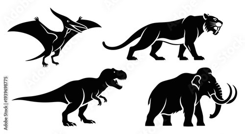 Prehistoric Animals Silhouettes Set: Tyrannosaurus Rex, Mammoth, Smilodon, Pterosaur
