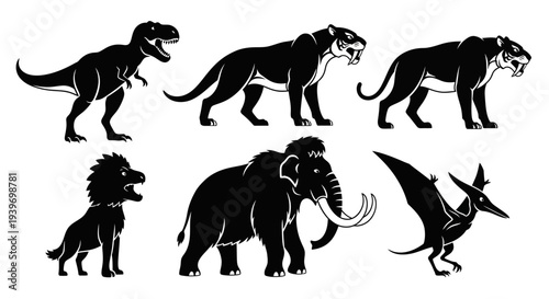 Prehistoric Animals Silhouettes Set: Tyrannosaurus, Saber-Tooth, Mammoth, Pterodactyl, Cave Lion